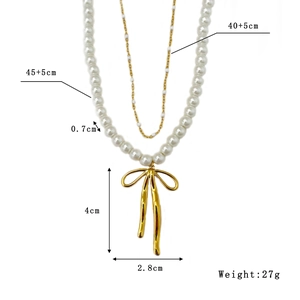 Collier de perles double couche avec pendentif nœud doré et spécifications de taille