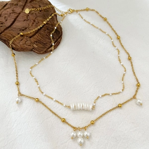 Double Layer Stainless Steel Necklace With Mother Of Artificial Pearl And Shell Beads Vintage Elegant Jewelry For Women