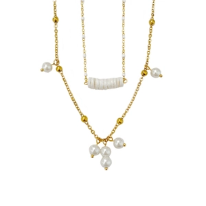 Double-layer golden stainless steel necklace with baroque pearls and beaded accents