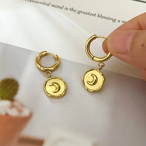 French style 18K gold plated hoop earrings with irregular moon pendant and textured finish