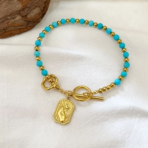 Bohemian Turquoise Beaded Bracelet With Stainless Steel Hand Moon Pendant And T-Bar Clasp For Women Vintage Beach Jewelry
