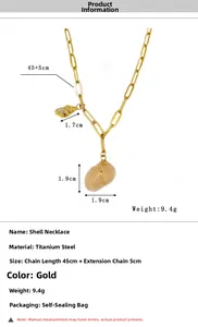 Dettaglio della collana con conchiglia dorata in acciaio al titanio con misure e catena