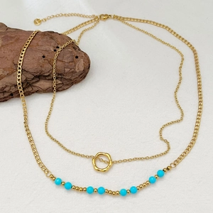 Double Layer Necklace Gold Plated Stainless Steel Blue Turquoise Beads Irregular Geometric Circle Pendant Bohemian Fashion Women