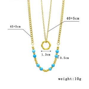 Layered 18K gold plated stainless steel necklace with turquoise beads and wave pendant