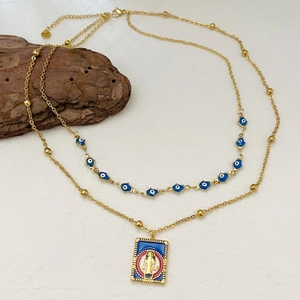 Double Layer Necklace Stainless Steel Enamel Evil Eye Religious Portrait Square Pendant Retro Bohemian Ethnic Women Jewelry