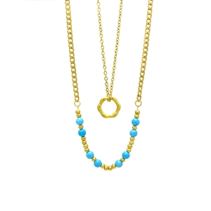 Chic 18K gold plated stainless steel layered necklace with blue beads and round pendant