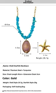 Detail of blue gravel ocean necklace with shell and starfish pendants and measurements