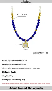 Detail view of titanium steel necklace with square pave pendant and multicolor beads