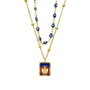 Double-layered gold necklace with blue Evil Eye beads and a rectangular enamel pendant