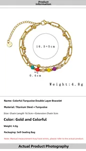 Detail view of double-layer titanium steel bracelet with colorful natural stone beads