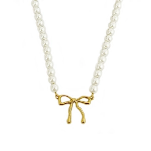Collier de perles fait main avec pendentif nœud plaqué or 18 carats au style rétro français