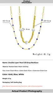 Detailed size parameters of double-layer gold plated necklace with pearls and blue beads