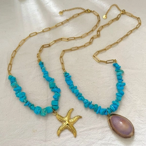 Ocean Style Necklace Stainless Steel With Natural Shell Starfish Turquoise Stone Beads Bohemian Summer Beach Jewelry For Women