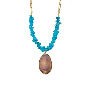 Bohemian multi-layer gold chain necklace with turquoise beads and large natural shell pendant
