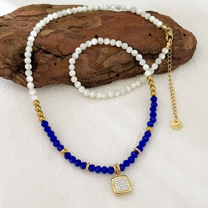 Square Pendant Stainless Steel Handmade Beaded Rhinestone Blue Crystal Artificial Pearl Necklace For Women