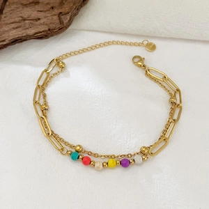 Bohemian Layered Bracelet Stainless Steel Turquoise Stone Beads Paperclip Link Chain Adjustable Jewelry For Women
