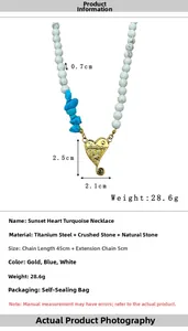 Detail of bohemian seed bead necklace with gold heart pendant and sunset engraving