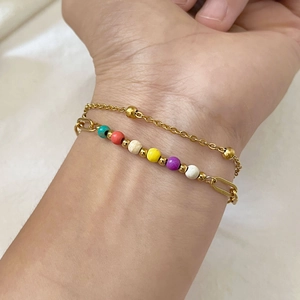 Bohemian double-layered gold chain and multi-colored natural stone beaded bracelet for women