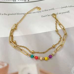 Double-layered bohemian titanium steel bracelet with paperclip links and colorful beads