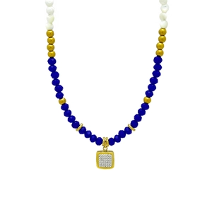Natural stone beaded necklace with square gold pendant and sparkling rhinestones