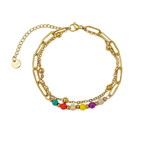 Double-layered bohemian stainless steel bracelet with multi-colored beads and lobster clasp