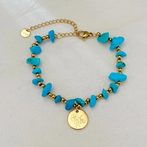 Böhmisches Türkis Splitter Armband Edelstahl Blumen Gravierter Runder Anhänger Vintage Schmuck Für Damen Verstellbar