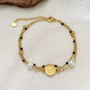 Double Layer Stainless Steel Bracelet With Saint Benedict Religious Coin Pendant And Faux Artificial Pearl Vintage Jewelry For Women