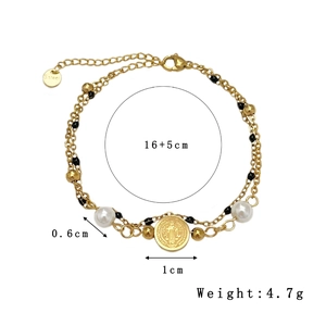 Golden double-layer stainless steel bracelet with pearls and Virgin Mary coin pendant
