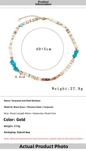 Detail view of Bohemian gravel bead necklace with sizing and weight specifications