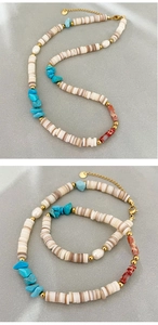 Detail view of Bohemian seashell and turquoise beaded necklace and bracelet set