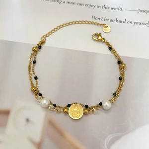 Gold double-layer stainless steel bracelet with pearls and Virgin Mary medal charm