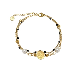 Gold stainless steel double-layer bracelet with pearls and a religious medal charm