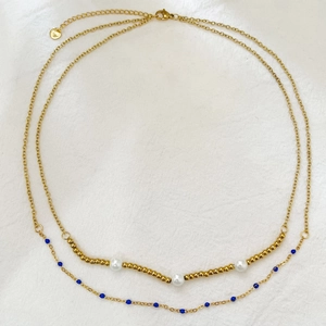 Double Layered Necklace Stainless Steel Gold Plated With Artificial Pearls And Blue Enamel Beads Elegant Minimalist Jewelry For Women