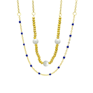 Double-layer gold plated stainless steel necklace with white pearls and blue beads