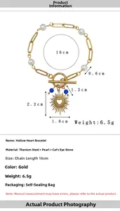 Detailed dimensions of 18K gold plated titanium heart bracelet with pearls and cat eye stone