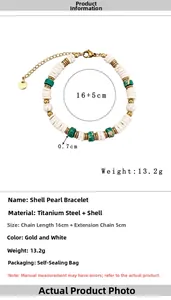 Detail view of 18k gold plated bracelet with green natural stones and shell beads