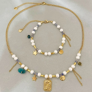 Vintage Bohemian Necklace Stainless Steel With Natural Stone And Artificial Pearl Sun Star Pendant Clavicle Chain For Women