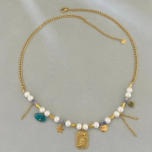 French vintage stainless steel necklace with pearls, turquoise and embossed square pendant