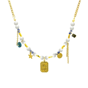 French vintage stainless steel necklace with sun pendant, natural stones and pearls