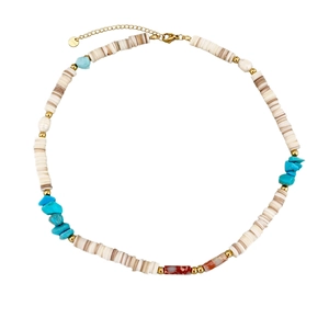 Bohemian beaded necklace with turquoise stones and stainless steel clasp on white background