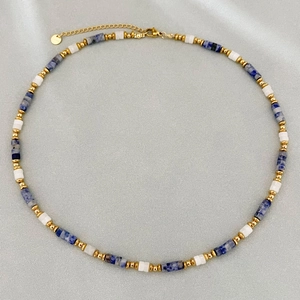 Collier En Perles De Pierre Naturelle Texture Marbre Bleu Acier Inoxydable Entretoises Or Femmes Bijoux
