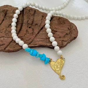 Bohemian Beaded Necklace With Stainless Steel Heart Pendant Sunset Landscape Engraving Natural Stone For Women Vintage