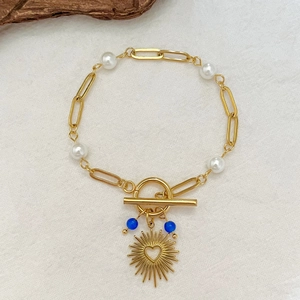 Hollow Heart Sunburst Pendant Bracelet 18K Gold Plated Stainless Steel Artificial Pearl Cat Eye Stone Toggle Clasp For Women