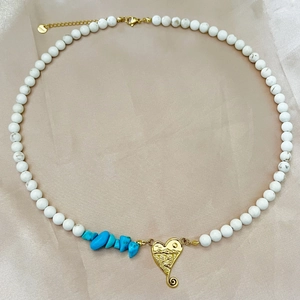 Bohemian beaded necklace with white stones, turquoise beads and gold heart pendant