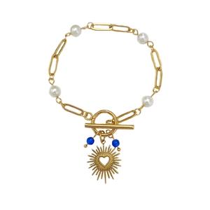 18K gold plated paperclip chain bracelet with white pearls and heart sun pendant
