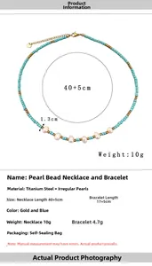 Detailed view of handmade lake blue bead necklace and baroque pearl size specifications
