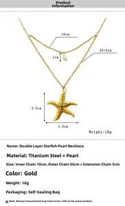 Detail of layered gold starfish necklace with dimensions, weight and pearl specifications