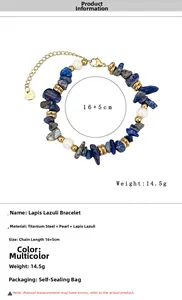Détail du bracelet en acier titane avec pierres bleues, perles et étiquette 16+5cm
