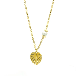 Collier en or 18 carats avec pendentif feuille de monstera et perle blanche élégante