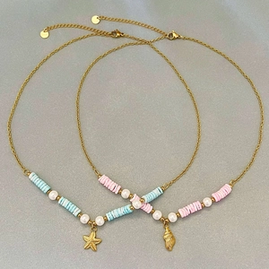 Collier Pendentif Étoile De Mer Et Conque Acier Inoxydable Plaqué Or 18K Künstliche Perle Artificielle Coquillage Künstliche Perles Heishi Bijoux